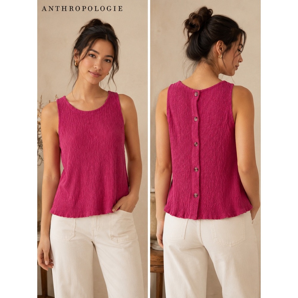 Anthropologie Magenta Pink Textured Button Back Sleeveless Tank Top Medium